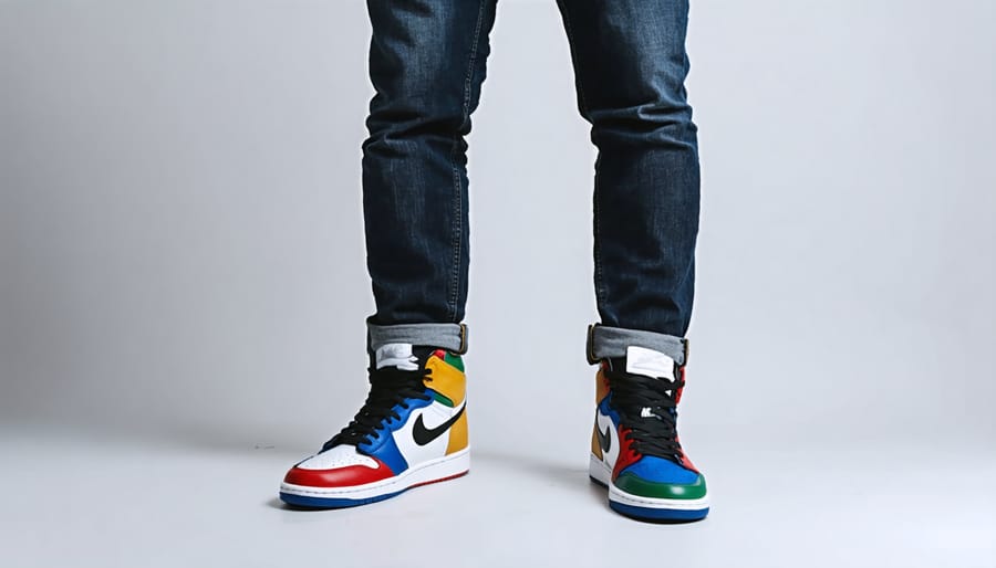 Elevated casual look featuring cuffed jeans and statement Nike high-tops