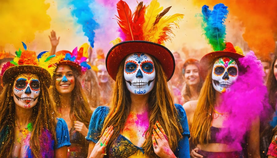 Collage of global cultural celebrations featuring Holi festival colors, Día de los Muertos sugar skulls, and vibrant Carnival costumes, representing diversity and cultural inspiration for fashion.