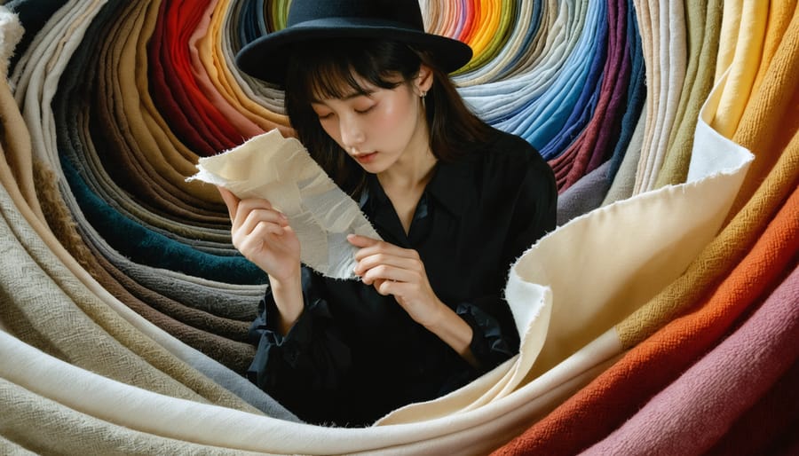 Conceptual illustration of a fashion designer surrounded by a vibrant array of fabric textures and patterns, examining a fabric swatch to symbolize creativity and innovation in sourcing fabrics.