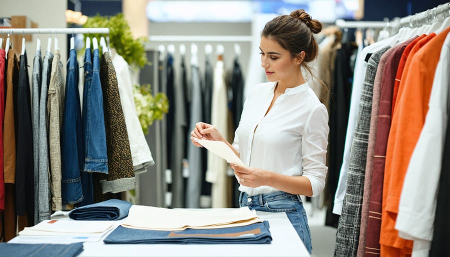 Fashion designer discussing fabric options with supplier at trade show