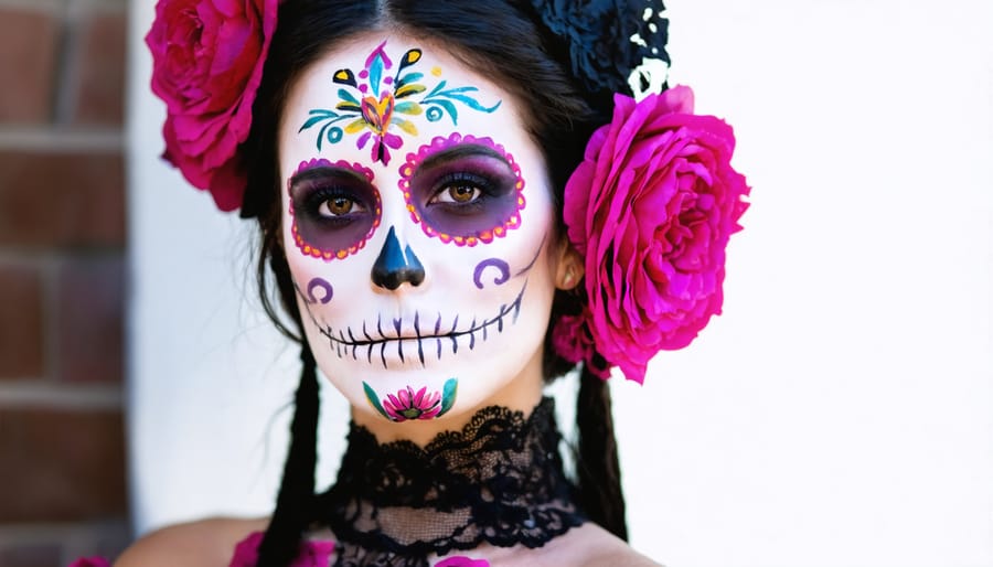 Close-up portrait of woman with intricate Day of the Dead makeup