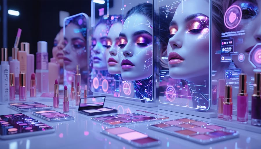 A conceptual depiction of innovative digital beauty technologies, featuring smart mirrors, AI skincare, 3D printed makeup, and digital nail art printers revolutionizing personal beauty routines.