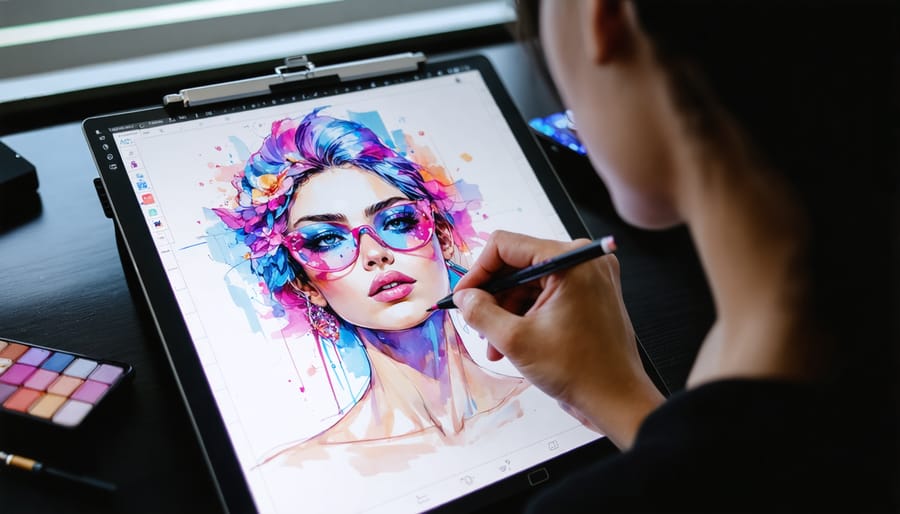 Fashion designer creating a digital illustration using professional tools