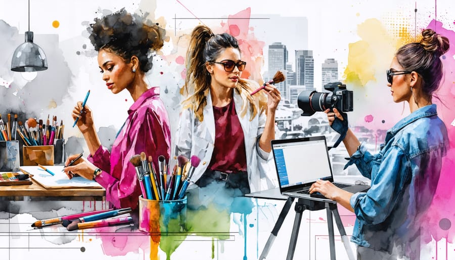 A creative collage depicting various professionals in fashion and beauty careers, including a designer, makeup artist, stylist, writer, and photographer, set against a colorful cityscape background.