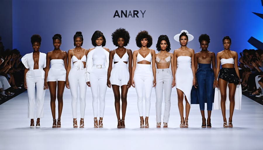 A diverse group of fashion models of various sizes, ages, and ethnicities on a runway