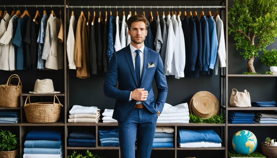 Stylish person standing in front of a wardrobe showcasing clothing made from sustainable materials like organic cotton, recycled polyester, and mushroom leather, symbolizing the global impact of conscious fashion choices.