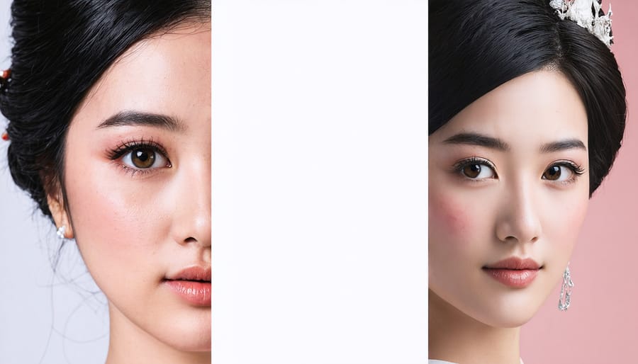 Side-by-side comparison of Eastern and Western beauty standards showing different makeup styles and facial features