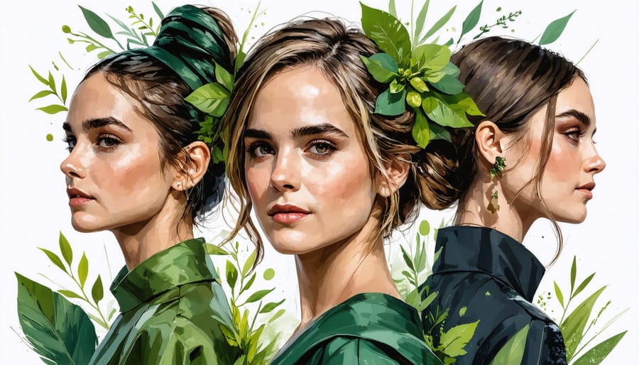 A collage of celebrities like Emma Watson, Stella McCartney, and Natalie Portman, showcasing their commitment to sustainable fashion through elegant eco-friendly outfits, set against a backdrop of greenery symbolizing the connection between style and nature.