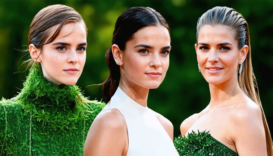 Montage of celebrities Emma Watson, Stella McCartney, and Gisele Bündchen wearing eco-friendly fashion outfits, symbolizing the sustainable fashion revolution.