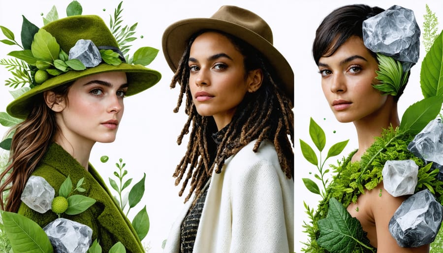 A collage of eco-conscious celebrities Emma Watson, Stella McCartney, and Rosario Dawson, wearing stylish sustainable outfits amidst green foliage and fashion accessories symbolizing eco-friendly fashion.