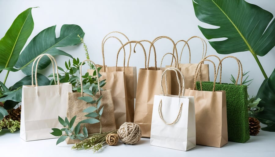 An assortment of eco-friendly gift bags made from sustainable materials, showcasing diverse styles and nature-inspired designs.