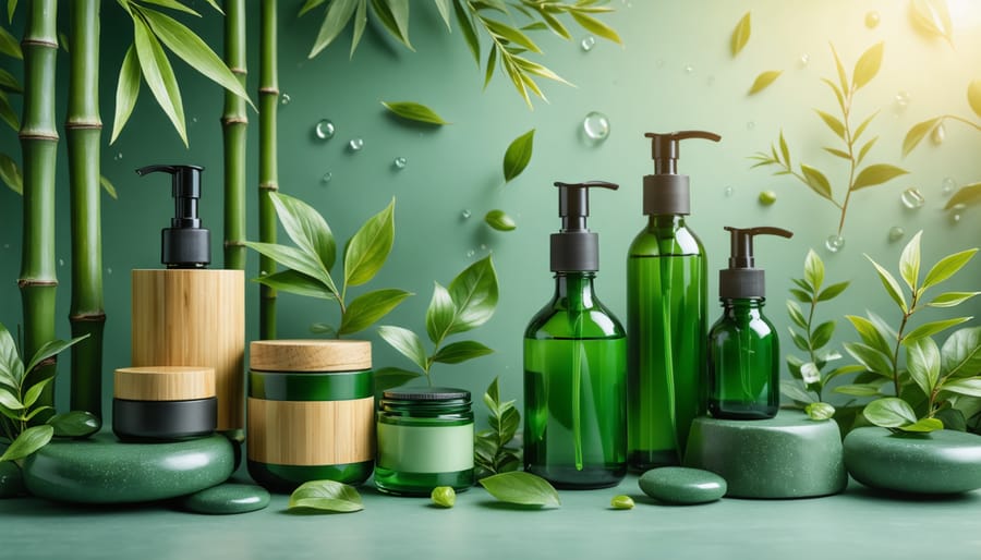 An elegant arrangement of various eco-friendly skincare packaging types, including bamboo jars, recycled glass bottles, refillable containers, and plant-based plastic tubes, set against a tranquil green backdrop.