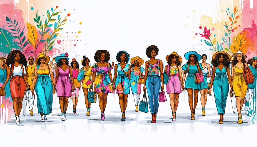 Diverse group of people, representing different sizes, ages, ethnicities, and abilities, confidently walking on a fashion runway, symbolizing inclusivity and empowerment.