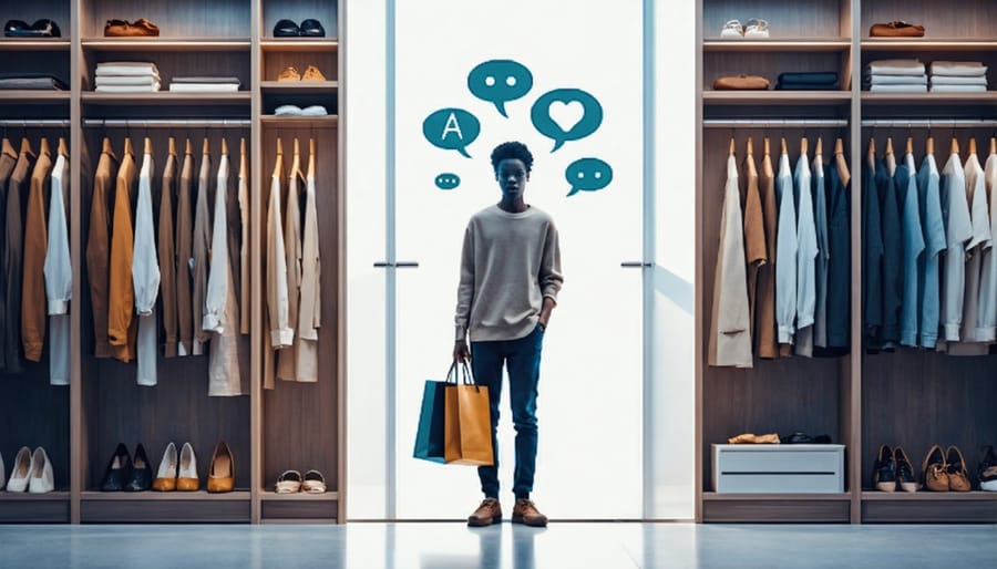 Conceptual illustration of a person contemplating fashion choices, highlighting the contrast between emotional shopping and mindful wardrobe curation.