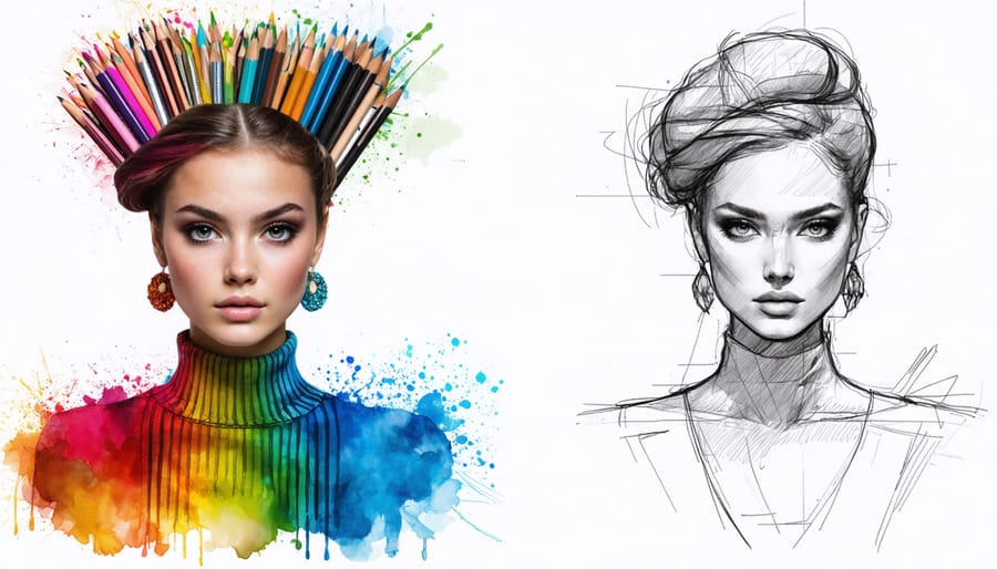 A fashion illustration transitioning from a traditional pencil sketch to a vibrant digital artwork, symbolizing the evolution in fashion illustration techniques.