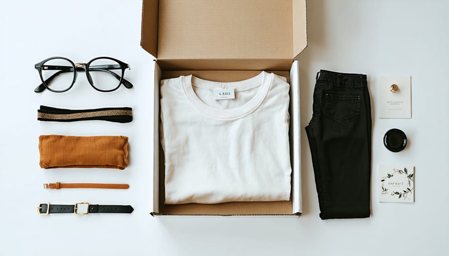 An unboxing view of a fashion subscription box featuring curated clothing and accessories