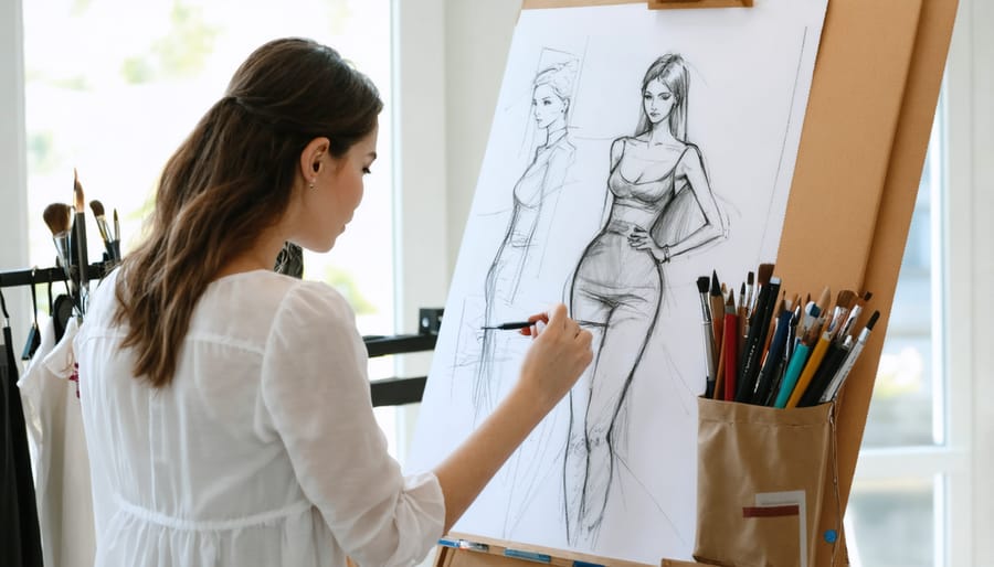 Fashion designer creating sketches of new clothing designs