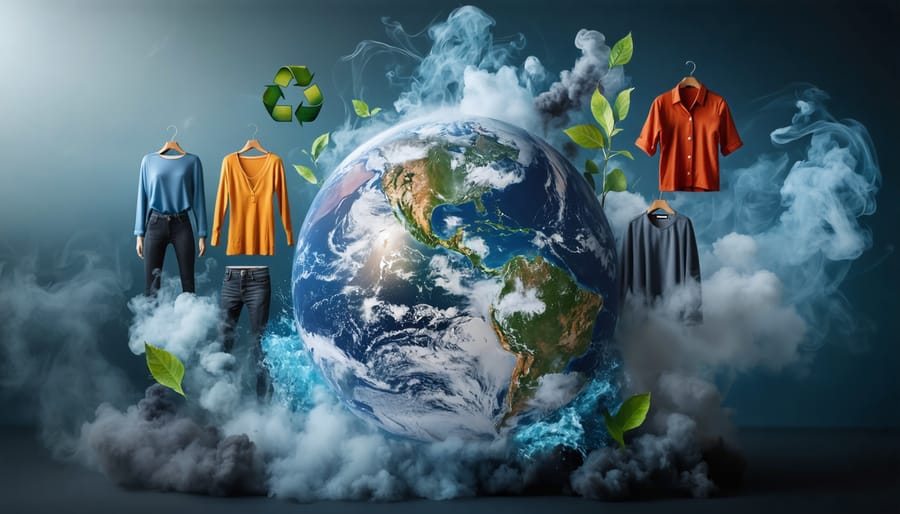 Conceptual illustration depicting the environmental impact of fashion, with a globe encircled by pollution and clothing elements, hinting at sustainable solutions.