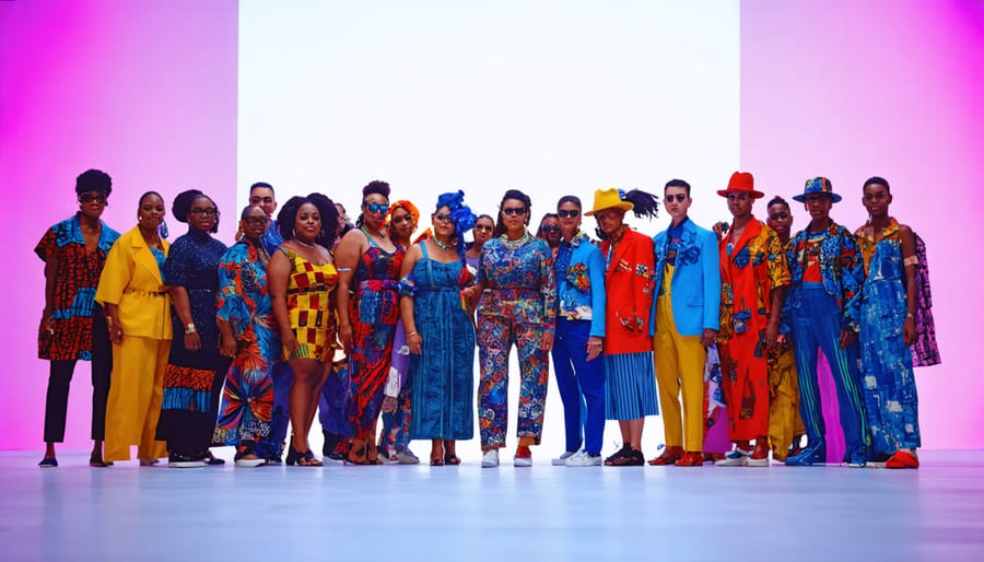 "A diverse group of fashion models from different backgrounds, sizes, ages, and abilities confidently posing on a runway, showcasing 2024’s inclusive fashion in contemporary clothing."