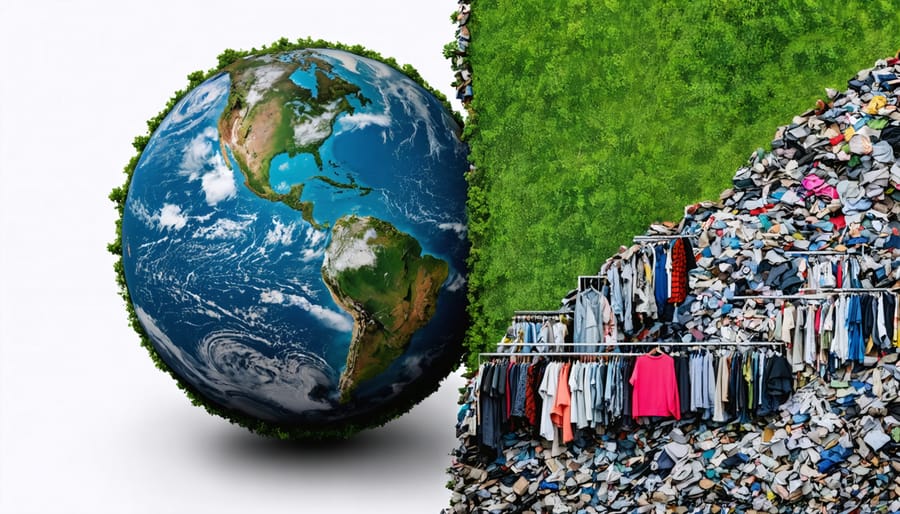 A conceptual image of the globe highlighting the contrast between sustainable fashion practices and the damaging effects of unethical manufacturing, featuring textiles, pollution, and sweatshop elements.