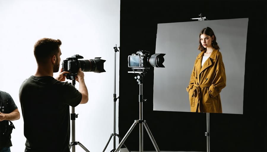 Fashion photographer guiding a model during a studio photoshoot