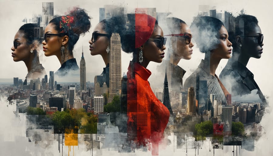 Artistic collage illustrating fashion's impact on society, featuring diverse body types, iconic fashion elements, and abstract cityscapes representing global economic influence.