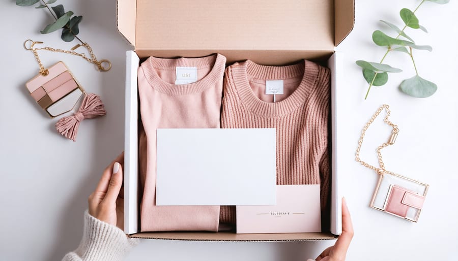 An overhead view of a fashion subscription box being opened, showcasing an assortment of chic clothing, stylish accessories, and a personalized style card.