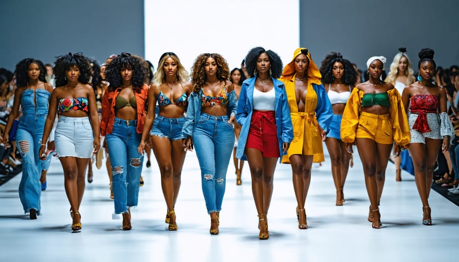 A diverse group of models confidently walking a runway, celebrating empowerment and diversity in fashion by showcasing unique styles and challenging traditional beauty standards.