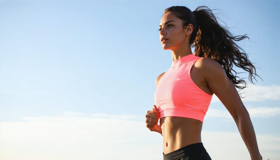 Fit woman jogging outdoors wearing stylish athletic clothing