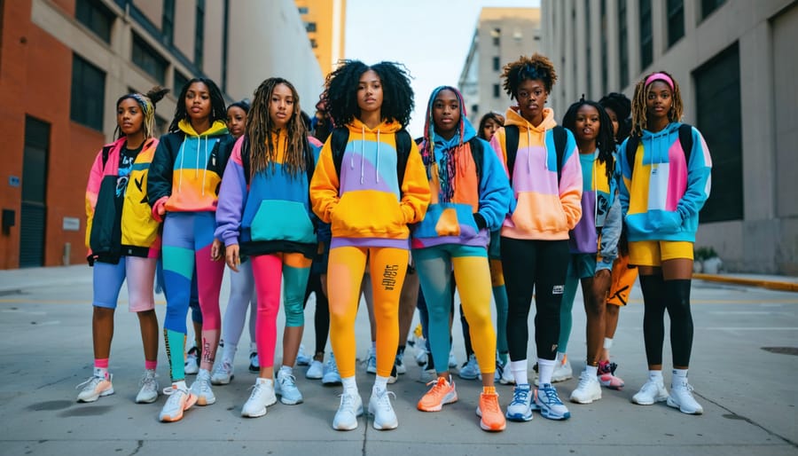 A diverse group of Gen Z individuals confidently wearing vibrant athleisure outfits against an urban backdrop, symbolizing the blend of fitness and fashion trends.