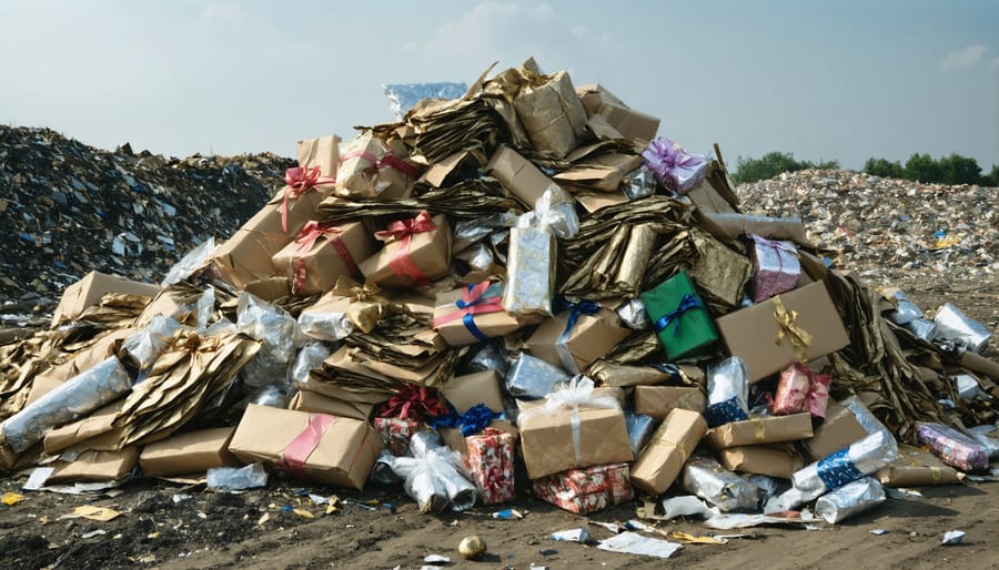 Non-recyclable gift wrapping waste in a landfill, highlighting environmental impact