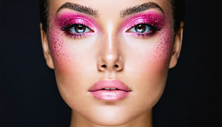 Bold makeup look with glittery highlight and bright fuchsia blush