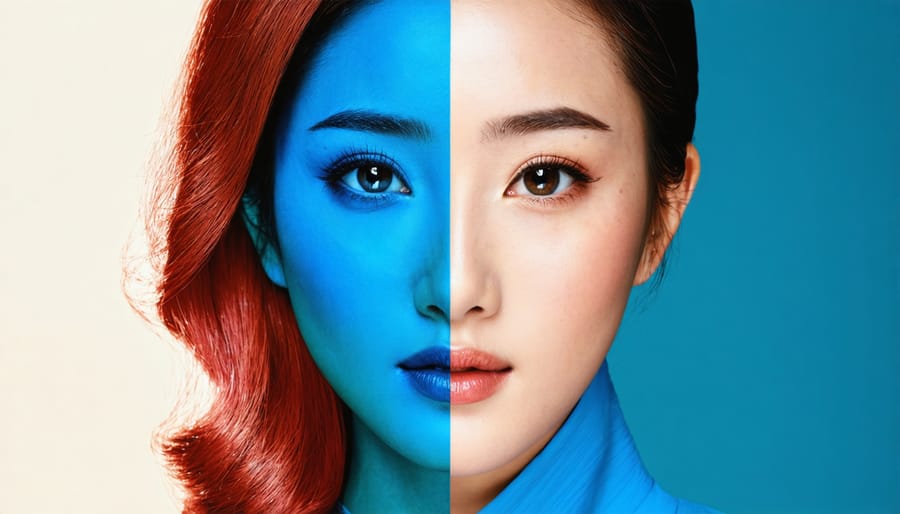 A split-image illustrating contrasting beauty standards, showcasing East Asian features with porcelain skin and large eyes on one side, and Western features with tanned skin and high cheekbones on the other.