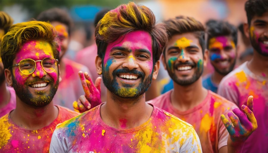 Festive crowd throwing colorful powders during Holi festival