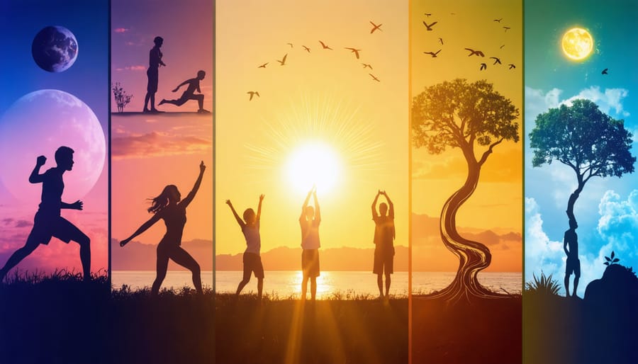 Graphic representation of diverse individuals engaging in activities that symbolize physical, emotional, spiritual, intellectual, social, and environmental wellness, interconnected with natural elements.