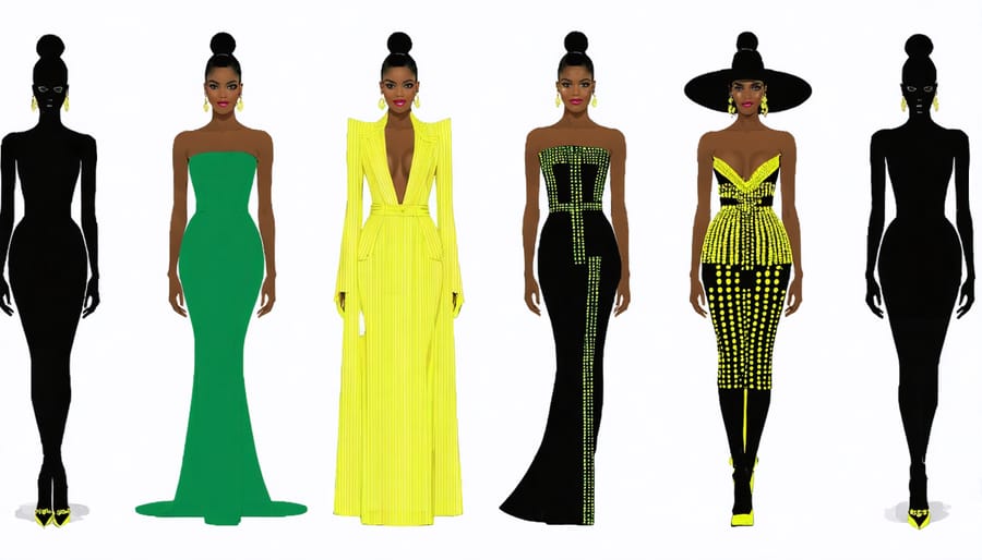 Artistic collage featuring elements from iconic celebrity fashion moments including Audrey Hepburn's black dress, Jennifer Lopez's green Versace gown, Lady Gaga's meat dress, and Rihanna's yellow Met Gala gown, symbolizing their lasting impact on fashion and pop culture.