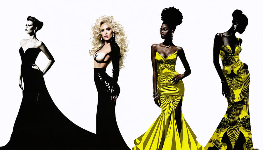 A composite image capturing iconic celebrity fashion moments, featuring Audrey Hepburn's little black dress, Lady Gaga's meat dress, Jennifer Lopez's jungle print dress, and Princess Diana's "Revenge Dress," showcasing their cultural and fashion influence.