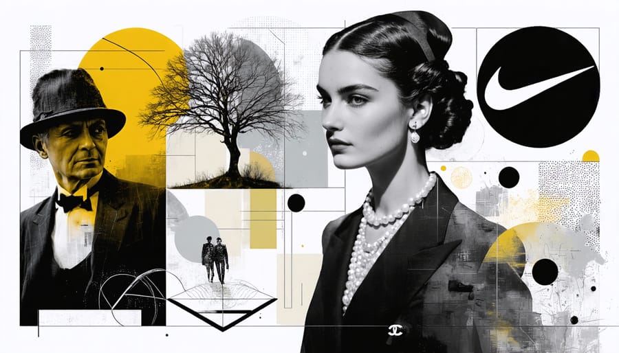 Conceptual collage depicting iconic figures and symbols of renowned fashion brands like Chanel and Nike, with elements representing empowerment, sustainability, and community.