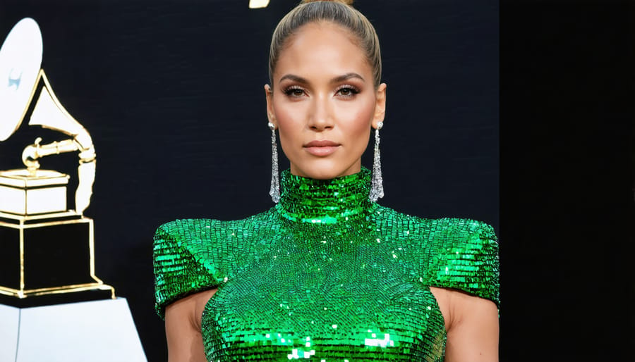 Jennifer Lopez in a revealing green Versace dress with a plunging neckline and high slit at the 2000 Grammys