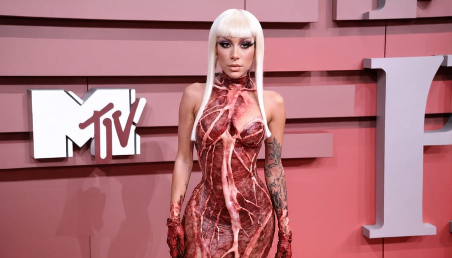 Lady Gaga wearing a dress made entirely of raw meat at the 2010 MTV Video Music Awards