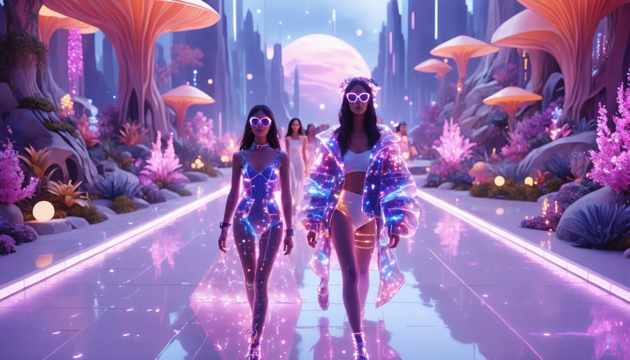 Diverse avatars in futuristic digital garments walk down a virtual runway in a metaverse fashion show, set against a backdrop of fantastical landscapes blending neon gardens with gravity-defying architecture.