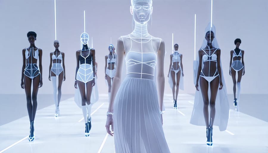 Metaverse fashion show featuring digital models on a virtual catwalk