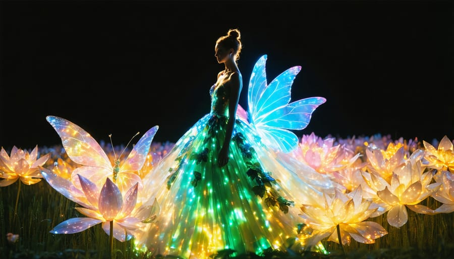 Model wearing a color-changing dress inspired by nature, featuring elements of butterfly wings and lotus leaves, symbolizing biomimicry in fashion.