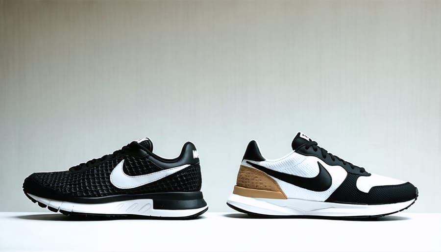 Evolution of Nike products showing vintage Waffle Trainer next to contemporary Nike athletic apparel