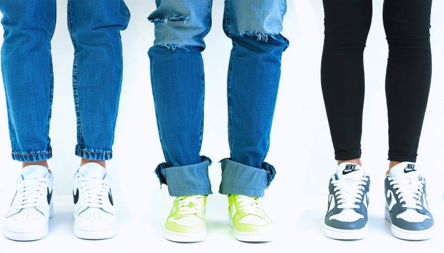 A collection of Nike sneakers and jeans in different styles and colors, illustrating versatile looks for casual and elevated occasions in a fashionable urban setting.