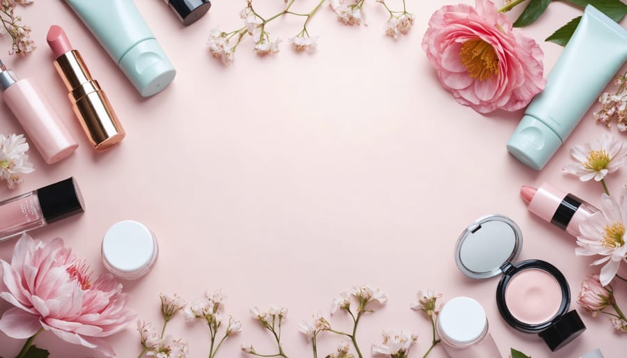 An assortment of beauty products including skincare and makeup items, artistically arranged with floral accents to symbolize the personalized and diverse nature of a beauty box.