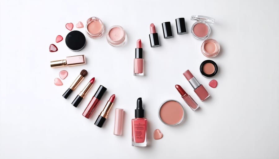 Beauty products in various shades forming a heart symbolizing personalization