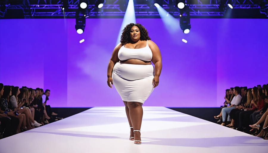 Plus-size model confidently walking the runway, promoting body positivity