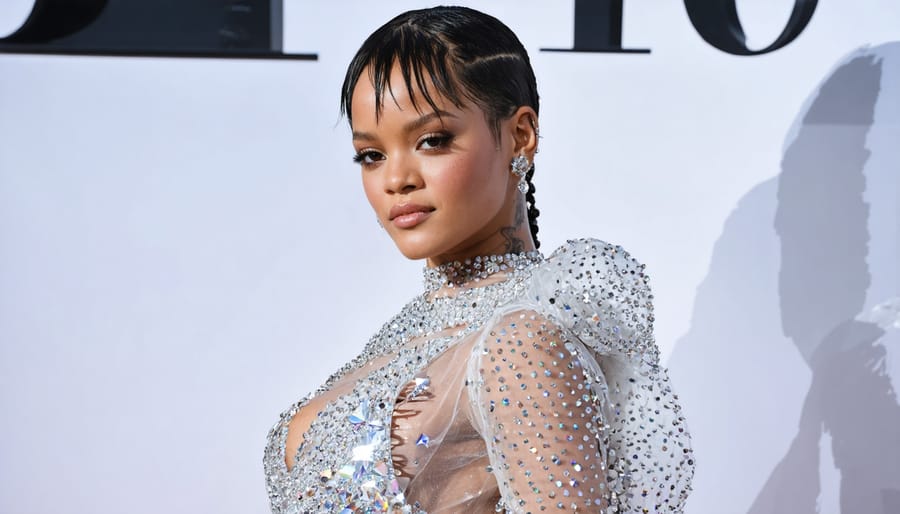 Rihanna wearing a daring, sheer dress covered in Swarovski crystals at the 2014 CFDA Fashion Awards