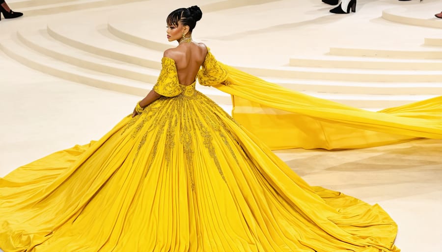 Rihanna wearing a yellow dress with a fitted bodice and a voluminous, fur-trimmed train at the 2015 Met Gala